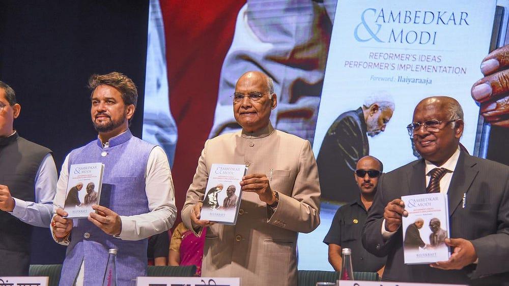 During the launch event in New Delhi, Former President Ram Nath Kovind with Union Minister Anurag Thakur and former CJI justice K.G. Balakrishnan presents the book ‘Ambedkar and Modi: Reformer’s Ideas Performer’s Implementation.’